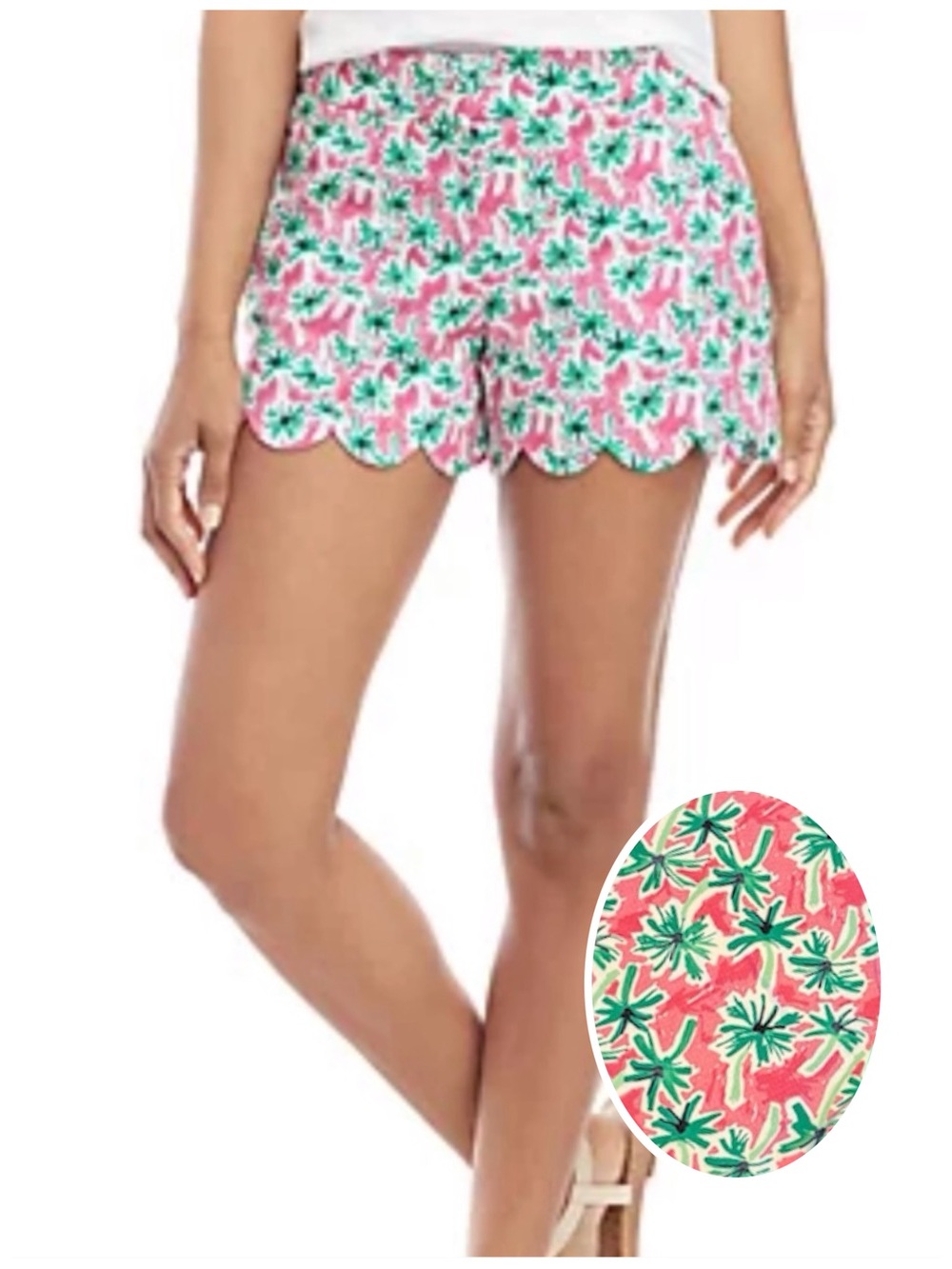 Colorful Palm Tree Print Scalloped Hem Shorts Pink & Green, Shelby, crown & ivy